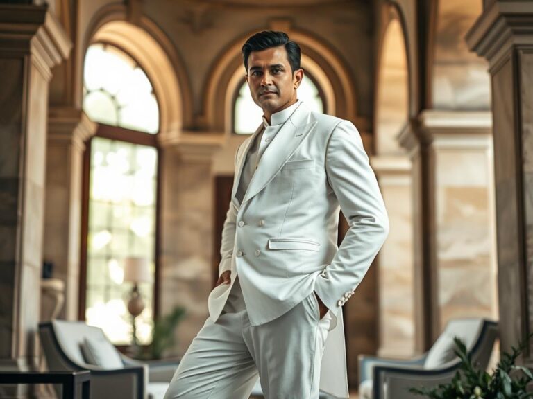 traje-tipico-venezuela-liqui-liqui Hombre venezolano vistiendo un liqui liqui blanco, traje típico de Venezuela, en un salón colonial