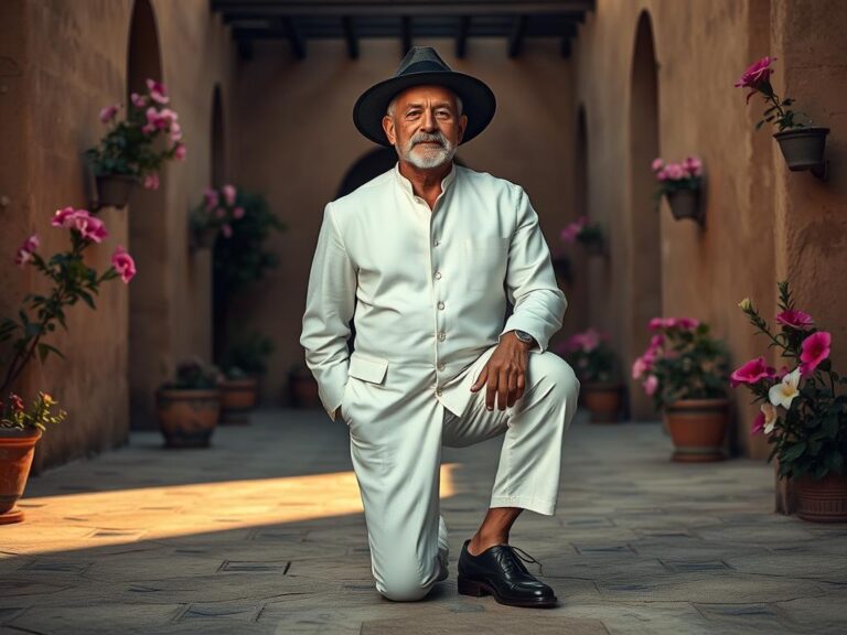 traje-tipico-venezuela-liqui-liqui Hombre venezolano vistiendo un Liqui Liqui blanco tradicional, sombrero de fieltro y zapatos de cuero en un patio colonial.