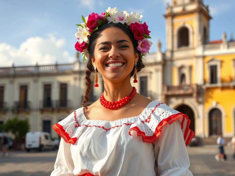 traje-tipico-venezuela-mujer Mujer venezolana con traje típico, pollera colorida, blusa blanca de encaje, flores en el cabello y alpargatas tradicionales.