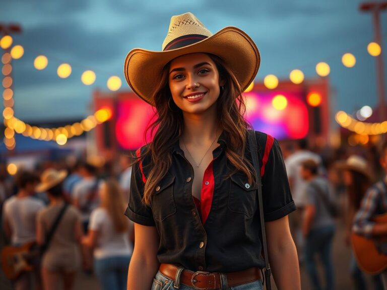 traje-country-moderno-festival Joven con traje country moderno en un festival de música al aire libre, luciendo sombrero vaquero, camisa a cuadros y botas de cuero