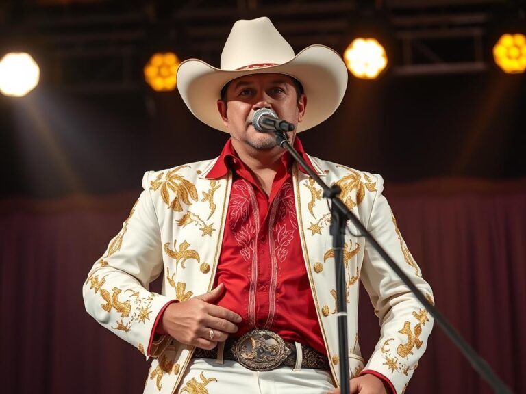 traje-nudie-cohn-country Cantante de country con traje Nudie blanco bordado con cactus dorados y águilas