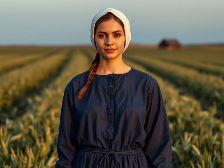 traje-tipico-amish-humildad Joven mujer Amish vestida con traje tradicional en un campo de trigo al atardecer