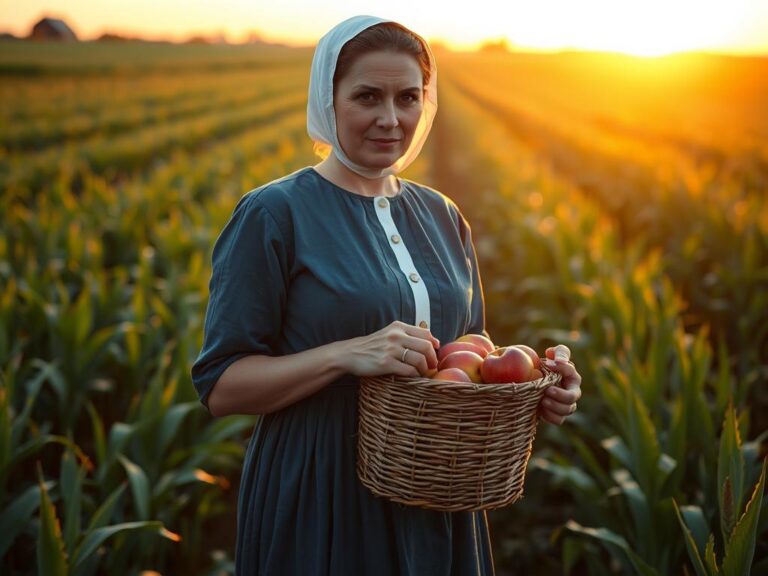 traje-tipico-amish-mujer Mujer Amish con traje tradicional en un campo de trigo al atardecer