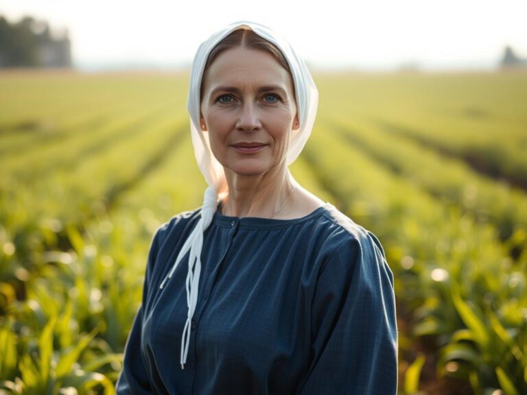 traje-tipico-amish-mujer Mujer Amish con traje tradicional en campo de cultivo