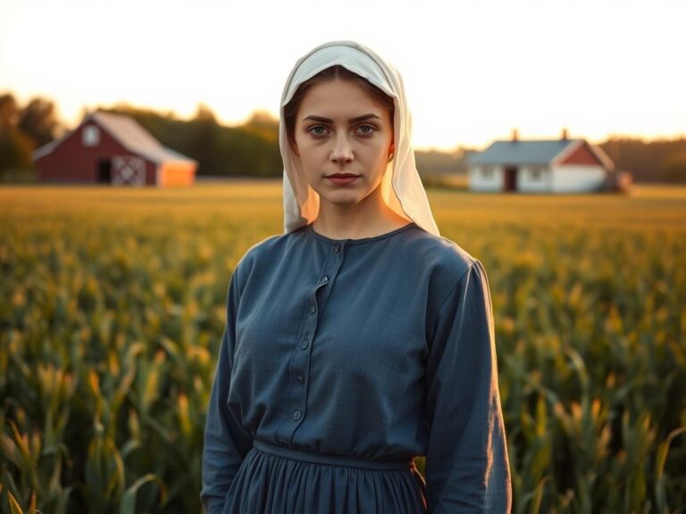 traje-tipico-amish-mujer Mujer Amish vestida con traje tradicional en campo de trigo al atardecer