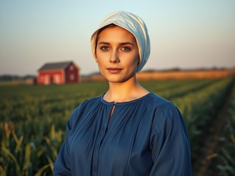 traje-tipico-amish-pennsylvania Mujer Amish vestida con traje tradicional en un campo de trigo al atardecer