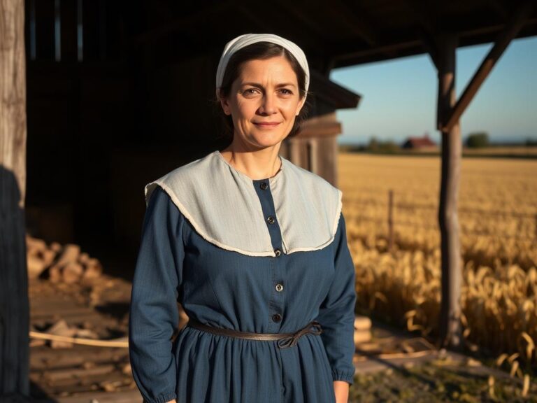 traje-tipico-amish-pensilvania Mujer Amish con traje tradicional frente a granja en Pensilvania