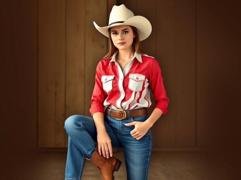 traje-tipico-country-americano Joven con traje típico country americano, camisa de cuadros, jeans, botas vaqueras y sombrero Stetson