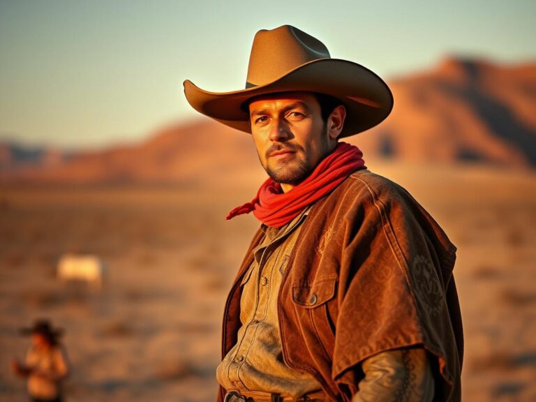 traje-tipico-country-vaquero Vaquero americano con traje típico country en pradera al atardecer