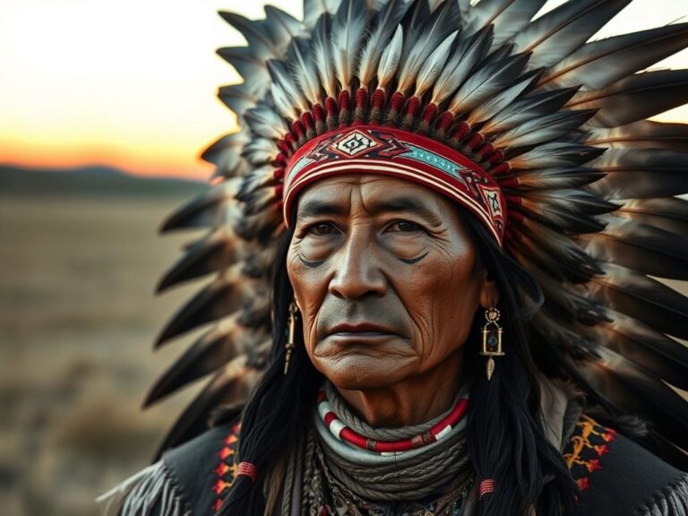 Guerrero Lakota con traje típico y tocado de plumas de águila en las praderas americanas