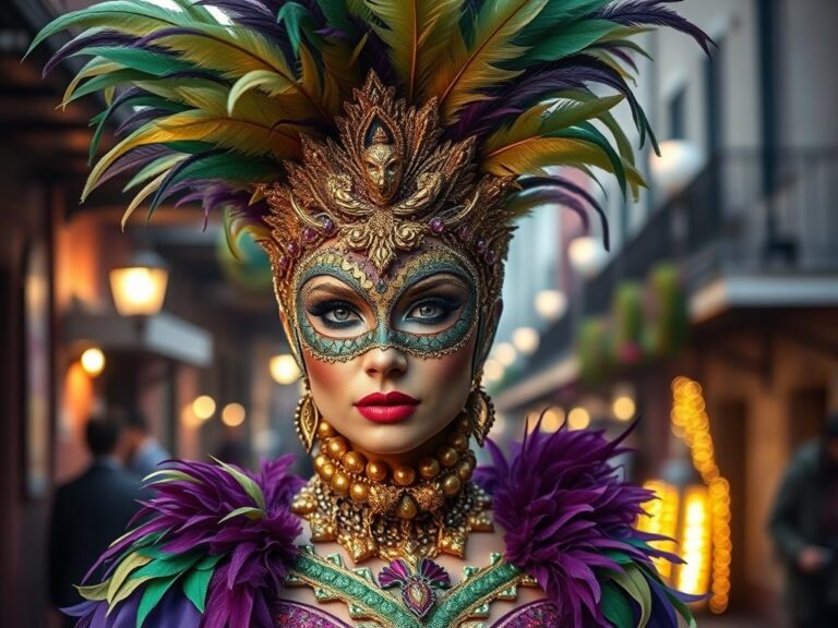 traje-tipico-mardi-gras Mujer con máscara y traje tradicional de Mardi Gras en Nueva Orleans