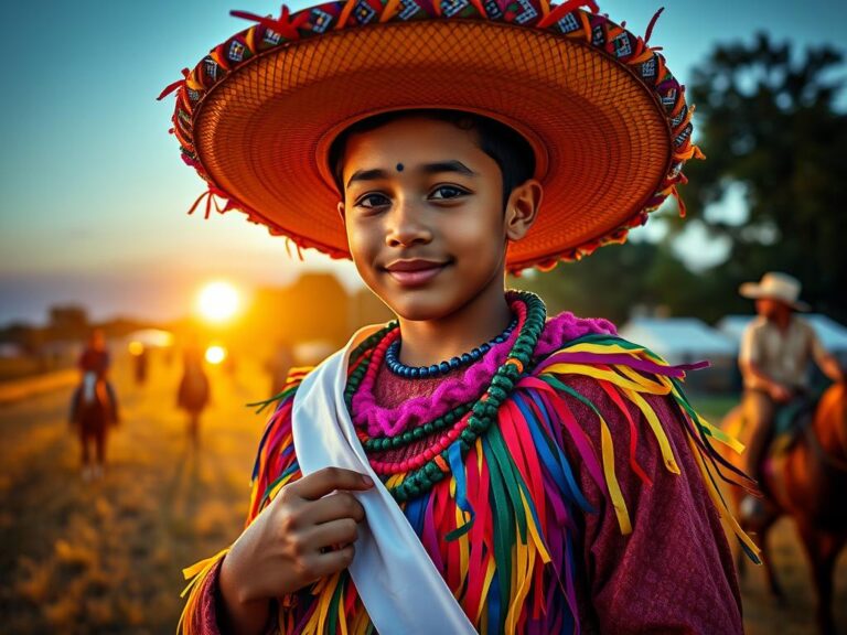 traje-tipico-mardi-gras-cajun Joven con traje tradicional cajún de Mardi Gras participando en el Courir de Mardi Gras en Louisiana rural.