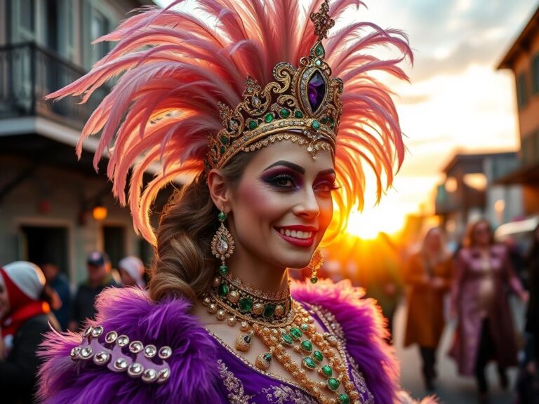 traje-tipico-mardi-gras-nueva-orleans Reina de Mardi Gras con traje tradicional púrpura y dorado en desfile de Nueva Orleans