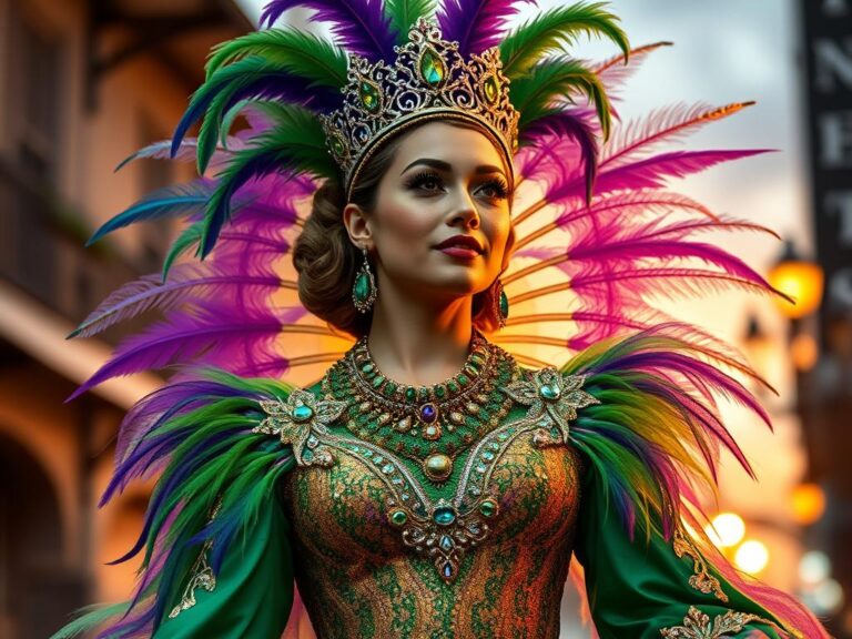 traje-tipico-mardi-gras-nueva-orleans Reina del Mardi Gras con un elaborado traje púrpura, verde y dorado en el carnaval de Nueva Orleans
