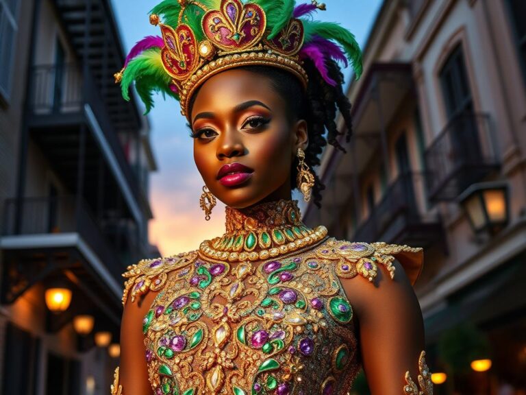 traje-tipico-mardi-gras-nueva-orleans Joven con traje típico de Mardi Gras en Nueva Orleans, luciendo un vestido de lentejuelas y corona de plumas.