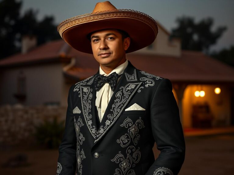 traje-tipico-mexicano-charro Charro mexicano con traje tradicional bordado en plata, sombrero ancho y expresión orgullosa frente a una hacienda al atardecer.