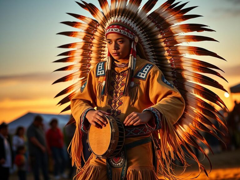 Joven danzante Lakota con traje tradicional durante un powwow al atardecer