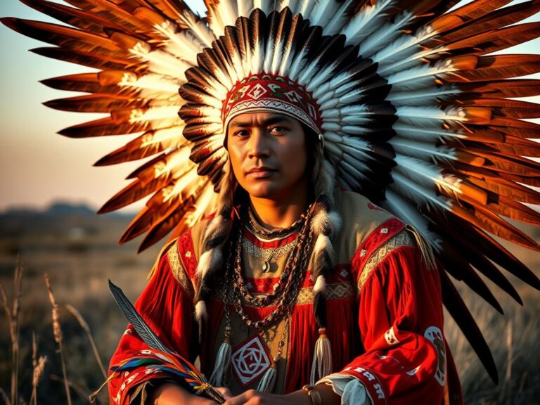 Guerrero Sioux con tocado de plumas de águila y vestimenta tradicional en pradera al amanecer
