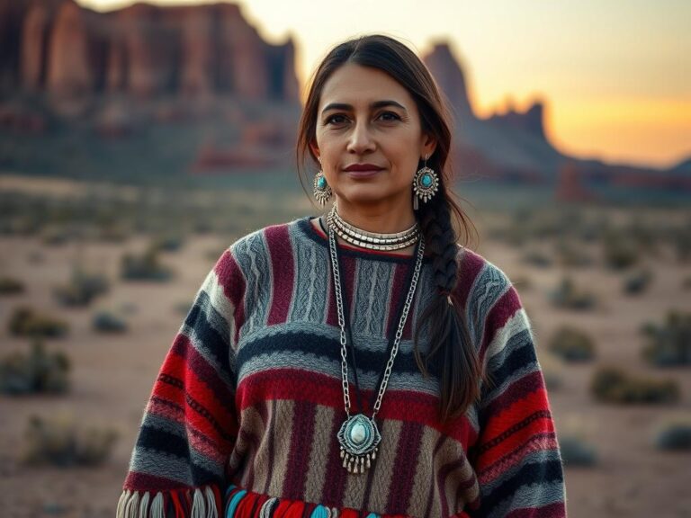 Mujer Navajo con traje tradicional en el desierto de Arizona