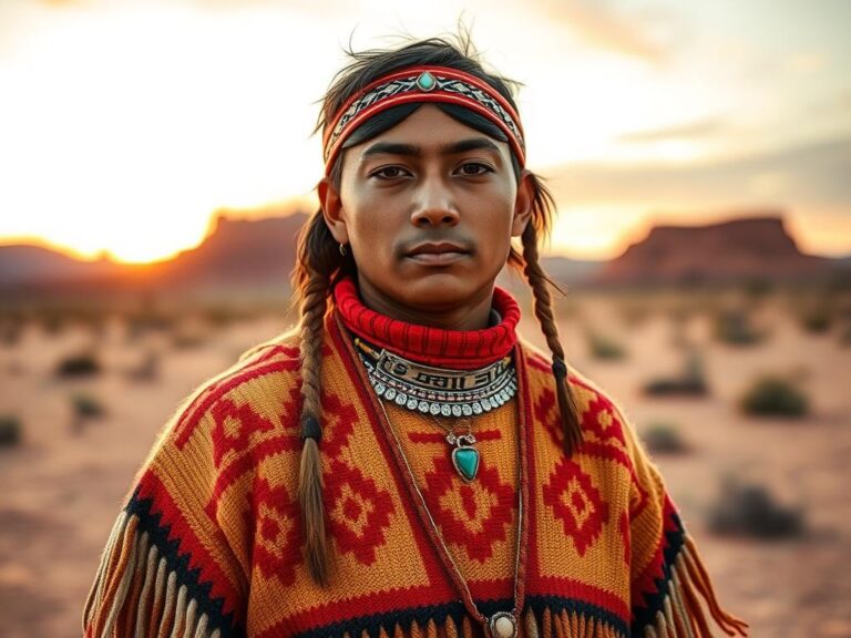Joven guerrero Navajo con traje tradicional en el desierto de Arizona
