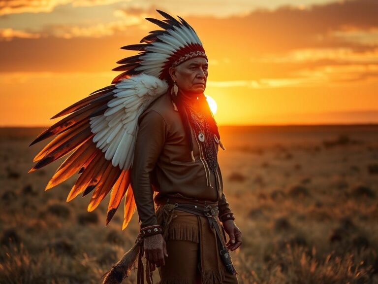 Guerrero Sioux con tocado de plumas y traje tradicional en las Grandes Llanuras