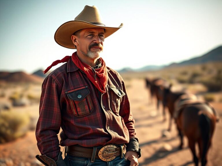 traje-tipico-vaquero-americano Vaquero americano con traje típico en el desierto del Salvaje Oeste