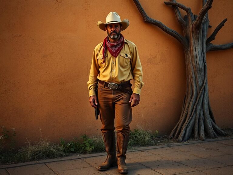 Vaquero americano con traje tradicional en rancho al atardecer