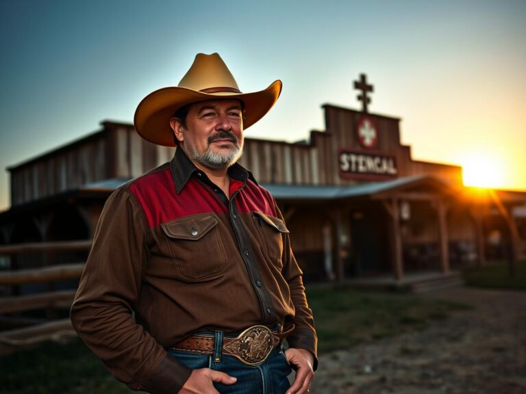 Vaquero americano auténtico con traje tradicional en rancho al atardecer