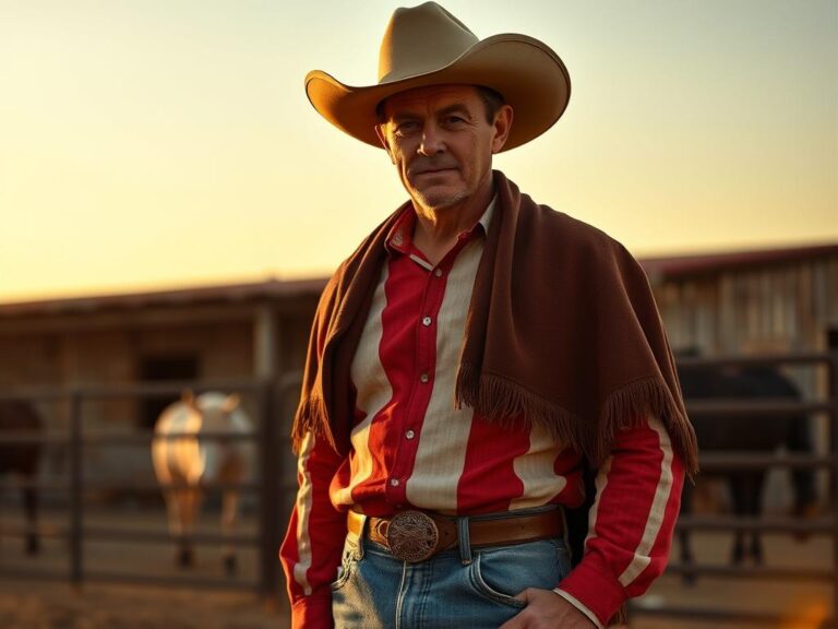 Vaquero americano con traje típico en rancho al atardecer