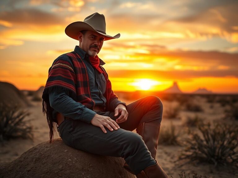 traje-tipico-vaquero-historia Vaquero auténtico con traje típico del oeste americano en el desierto de Arizona al atardecer