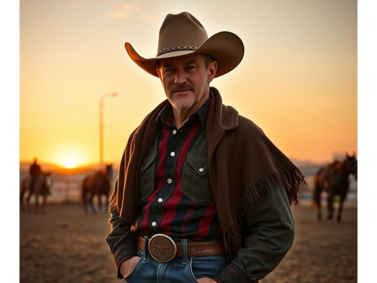 traje-vaquero-tradicion-moda Cowboy con traje vaquero tradicional en rodeo al atardecer